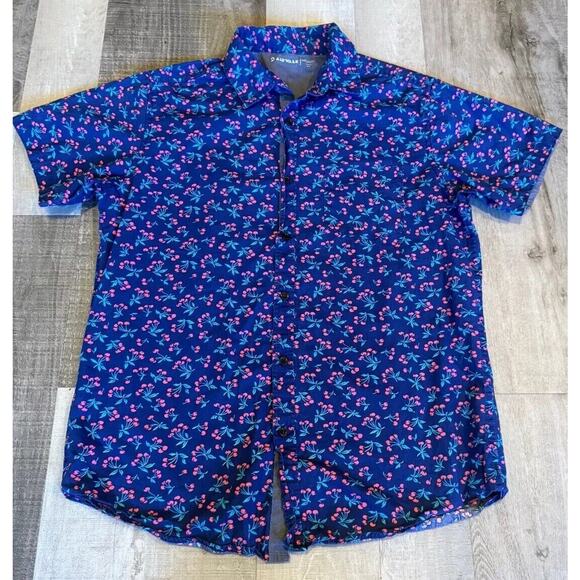 AIRWALK Casual Shirt Mens Med Blue Cherry Print Short Sleeve Collared Button - Picture 1 of 5